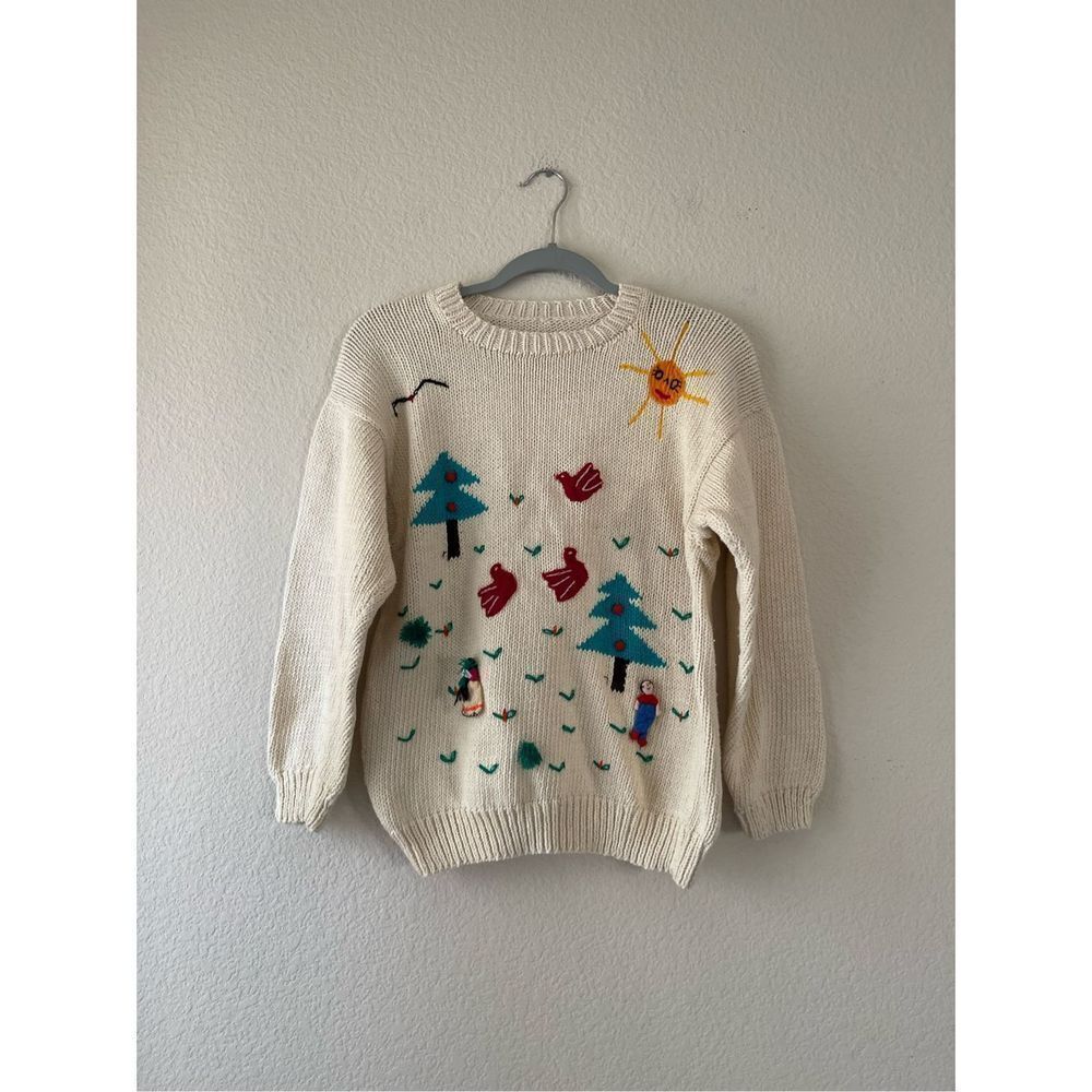 Vintage 80s Hand Knit Peruvian Folk Sweater‎ With Embroidery and 3d designs